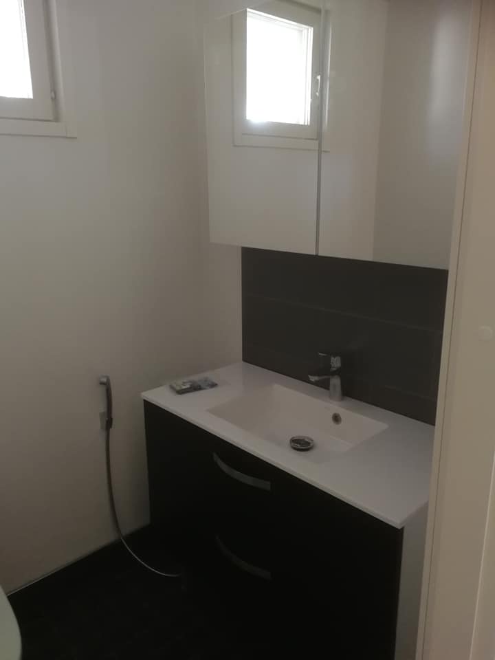 Kylpyhuoneen sisustus, jossa on valkoinen pesuallas, tumma allaskaappi, harmaa seinäpaneeli, valkoinen peilikaappi ja ikkunat.